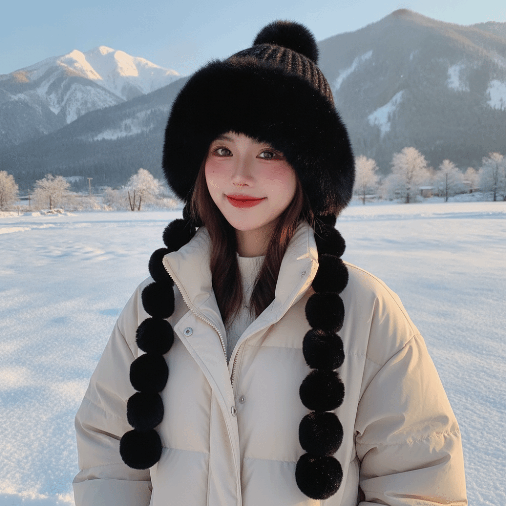 Fleece Lined Pompom Braids Hat - Winter Trapper Hat 评论和价格